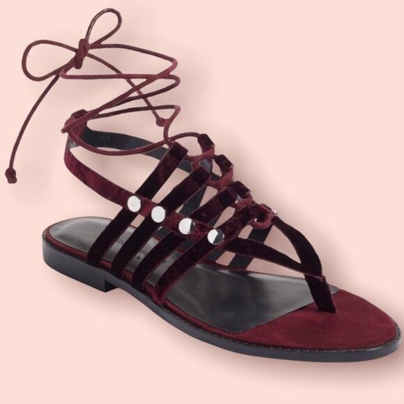 Rebecca Minkoff Evonne Wine Red Purple Velvet Laceup Sandals NEW 7.5 - Picture 1 of 8